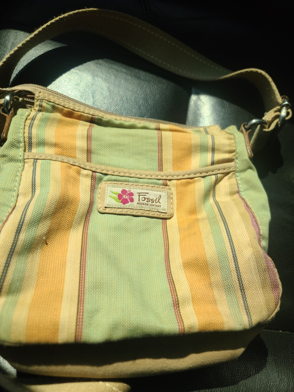 Fossil Striped Canvas Crossbody Bag in Pastel Yellow & Green